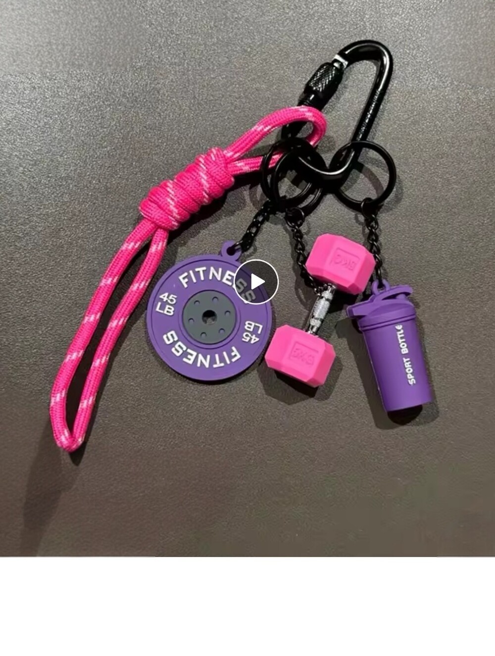 Pink & Purple Fitness Charm Keychain with Bottle and Dumbbell Charms